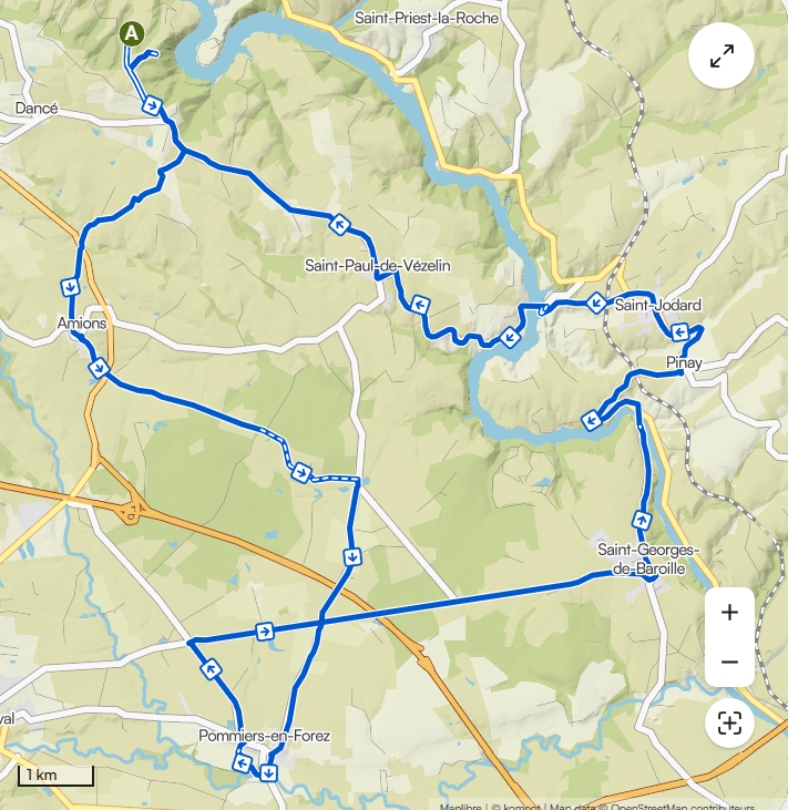 Carte du parcours autour de Pommiers-en-Forez